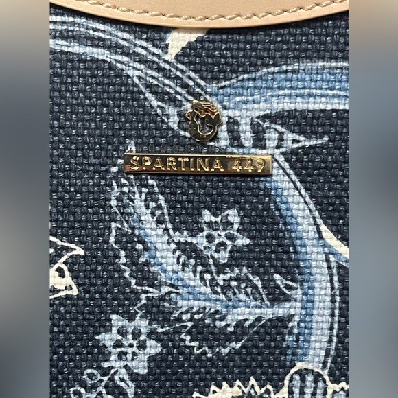 Spartina 449 Bella Hobo Oyster Factory Blue White Cream Linen Leather Hobo Bag - Picture 9 of 11